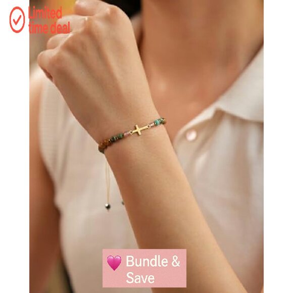 Christian Cross Bracelet with Natural Stones, Adjustable Elastic, Scripture Card - Picture 4 of 8